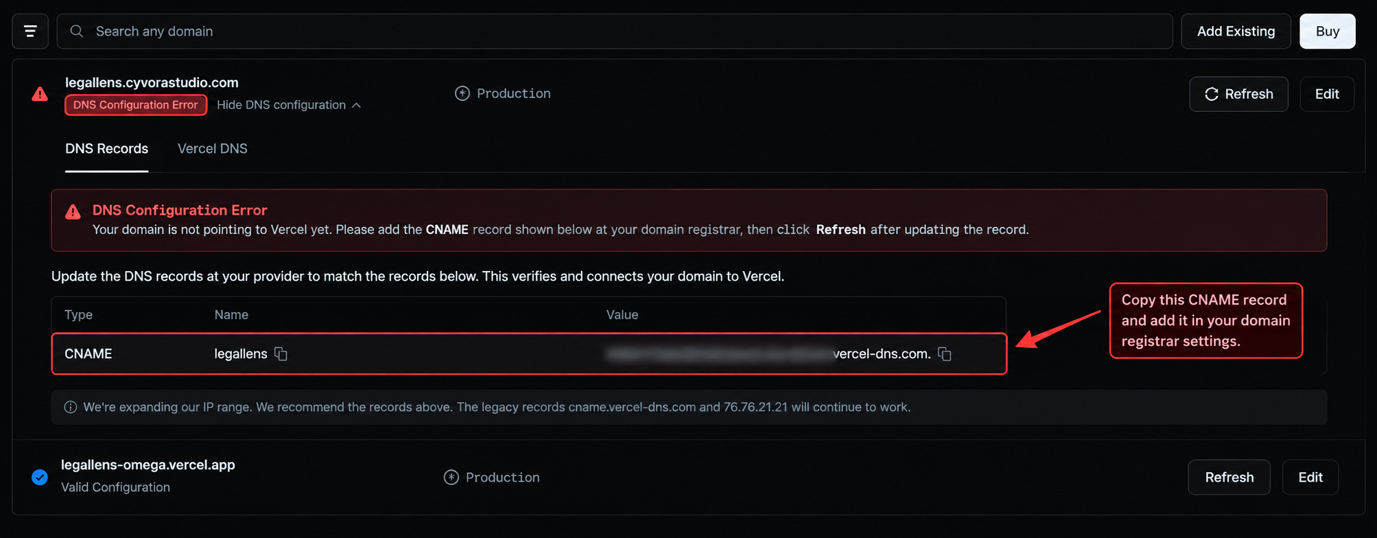 Vercel domain configuration status showing the CNAME record details to copy